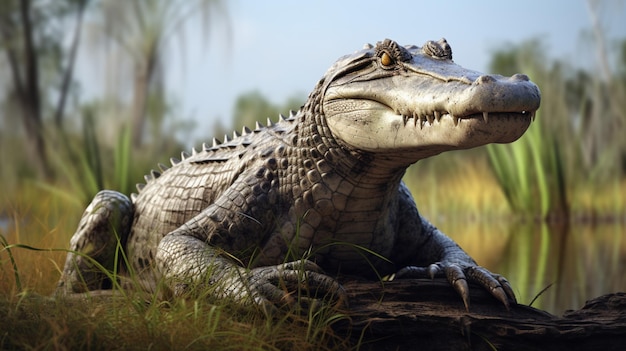 Alligator animal laying down on grass images Generative AI