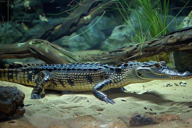 Photo an alligator in an aquarium with grass and rocks in the background