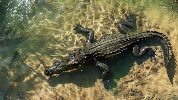 An alligator basking in clear shallow water with sunlight creating ripples on the surface reflecting the textures of the reptiles scales