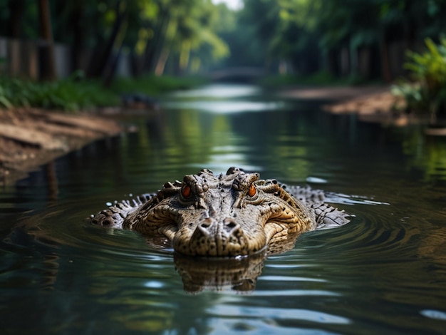 Photo an alligator is swimming in a pond with a blurry background