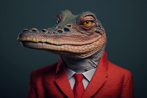 Alligator in a Red Suit Against a Simple Plain Background Stock Image of Animal in Business Suit