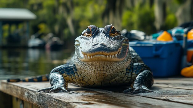 Photo alligator relaxing on dock by the water