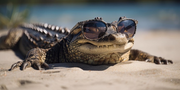 A alligator wearing sunglasses sits on a beach.