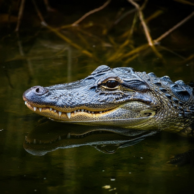 an alligator with a large beak is swimming in the water