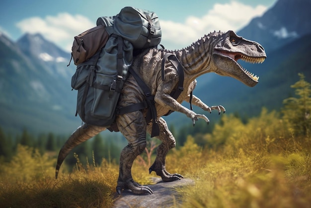 Allosaurus standing with backpack in mountains Generative AI