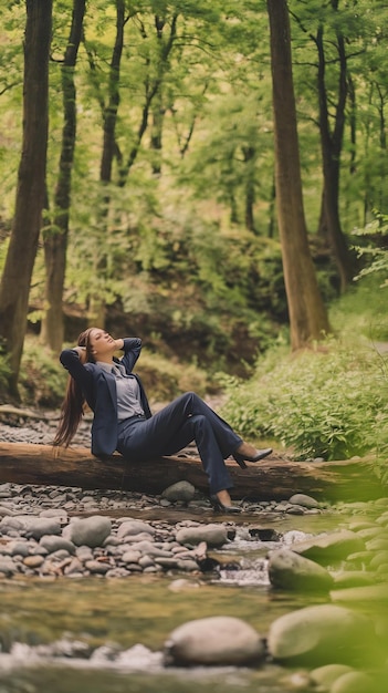 Photo allows a businesswoman to relax in a forest while reducing her stress