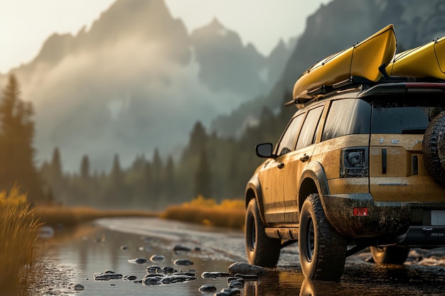 Photo allterrain vehicle parked by mountain stream