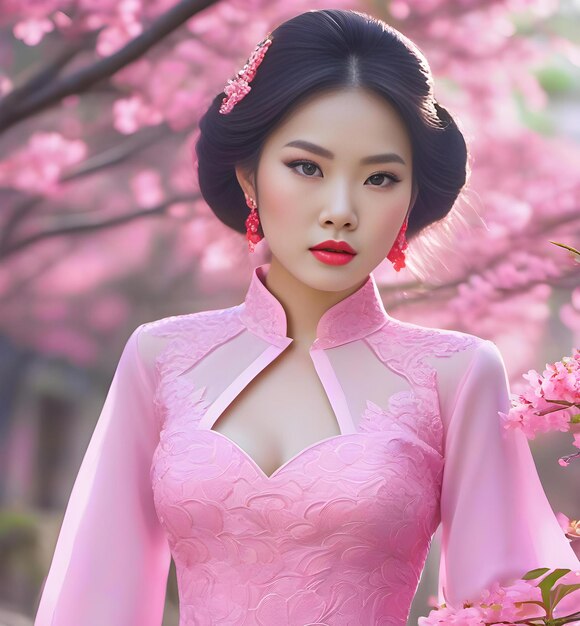 Alluring asian woman wearing aodai the national traditional dress in Vietnam high quality portrait