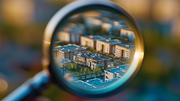 An alluring closeup image featuring a magnifying glass carefully focusing on a residential complex