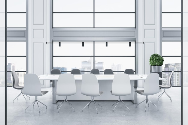 Allwhite interior design in modern spacious meeting room with light stylish chairs conference table and city view from big windows 3D rendering