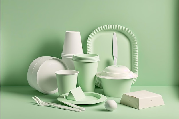 Allwhite package of disposable paper tableware on light green background