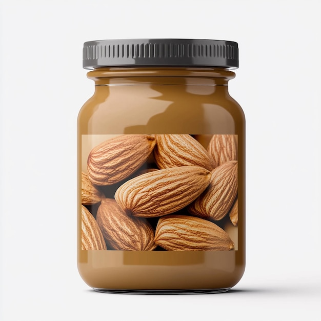 Photo almond butter label design organic almond butter jar label illustration with realistic glass jar moc