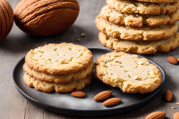 Almond cookies on a plate with almonds on the side