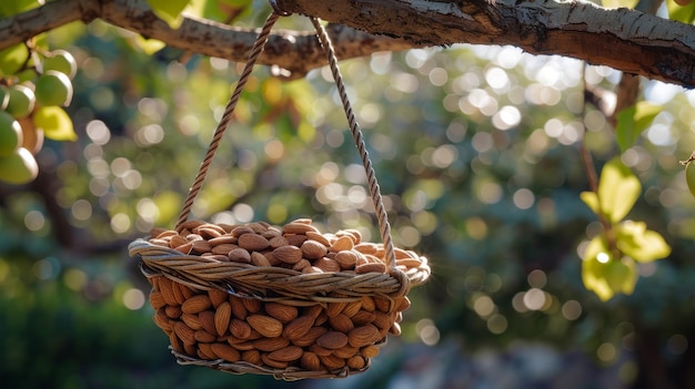 Photo almond harvest basket hanging from a tree