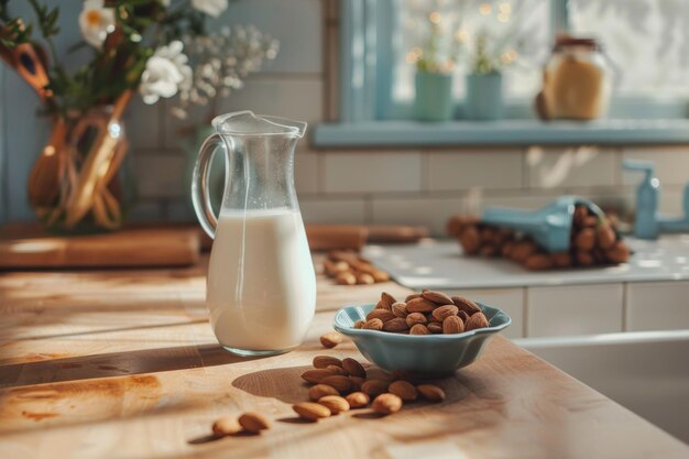 Almond milk crafted from finely ground almonds and filtered water