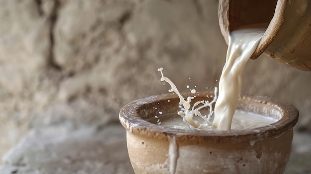 Almond Milk Pouring from Earthenware Jug into Clay Cup