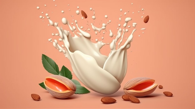 Almond milk splash with almondsgenerative ai