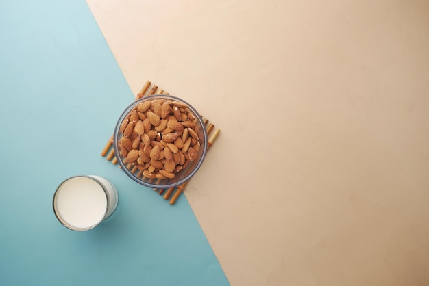 Almond nut and milk on table