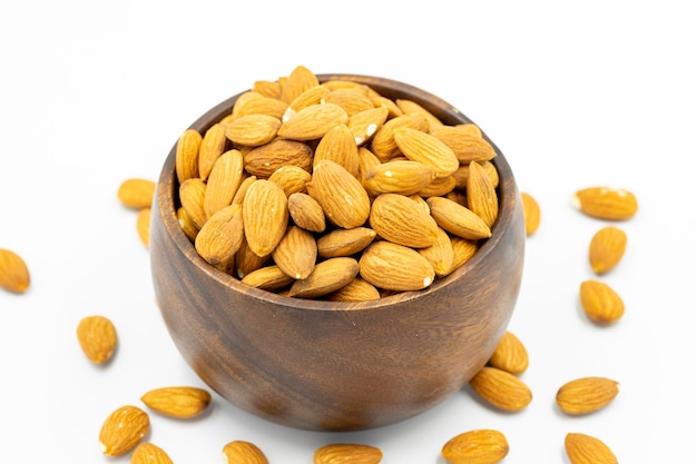 Almond nuts isolated on a white background Organic nuts close up