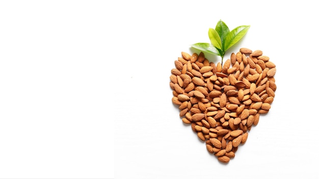 Almond nuts laid out in the shape of a heart on white background Concept of the Jewish holiday Tu Bishvat Copy space