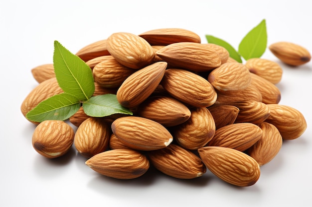 Almond nuts with green leaves on white background closeup