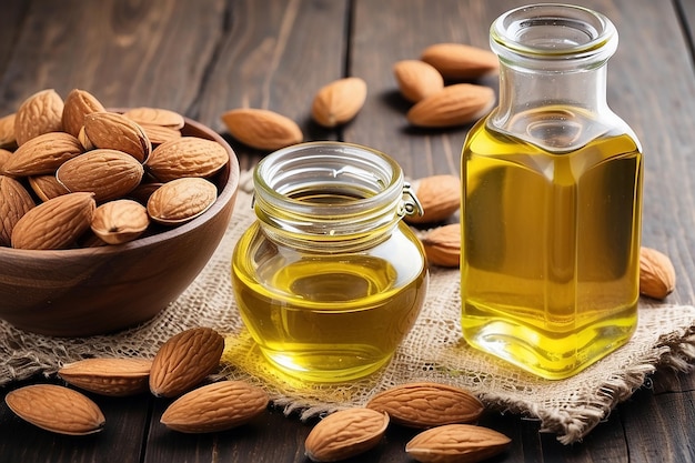 Photo almond oil in bottle and on a table