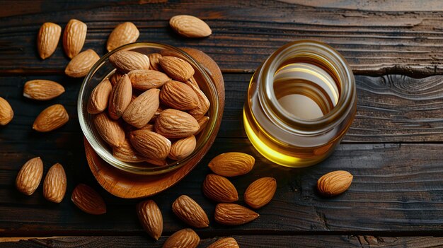 Almond oil and bowl of almonds on wooden background Top view Generative Ai