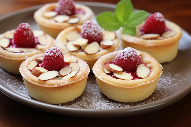 Photo almond raspberry tartlets yummy delicious pastry food image photography