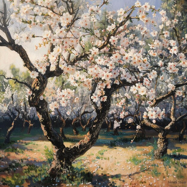 Photo almond trees blooming with fragrant white flowers