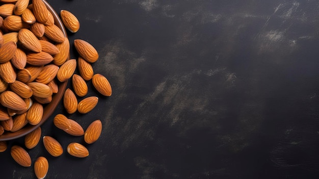 Almonds on black background Healthy food Free space for your text