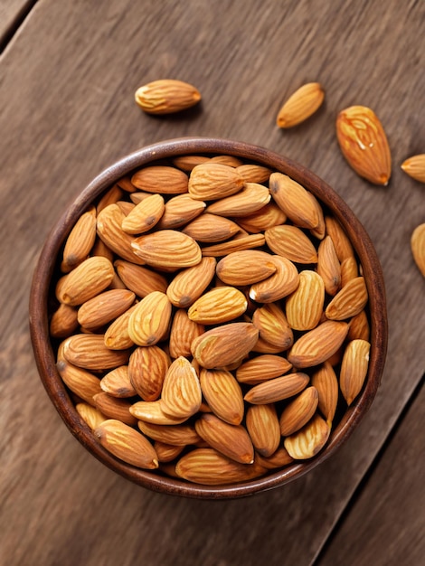 Almonds bowl viewed from above on a wooden background Top view