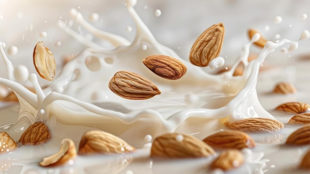 almonds floating in a splash of milk on a white background almond milk concept