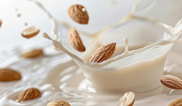 almonds floating in a splash of milk on a white background almond milk concept