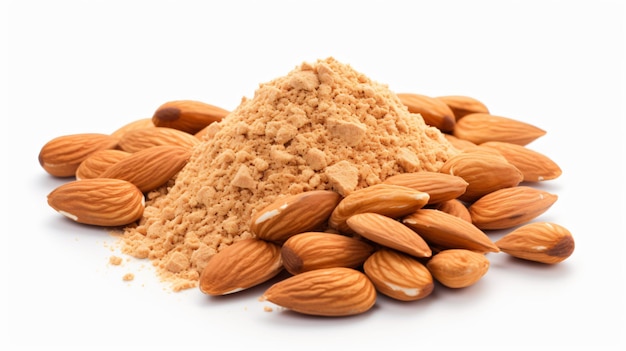 Almonds ground pile kernel and whole shell isolated on white background