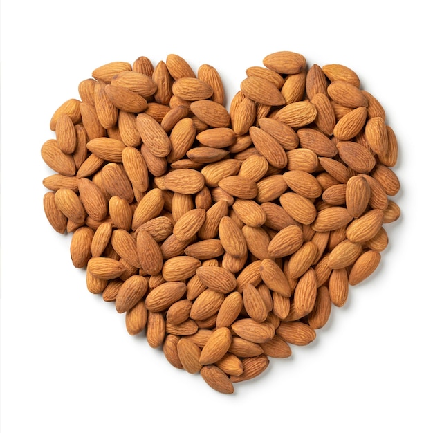 Almonds in heart shape isolated on white background