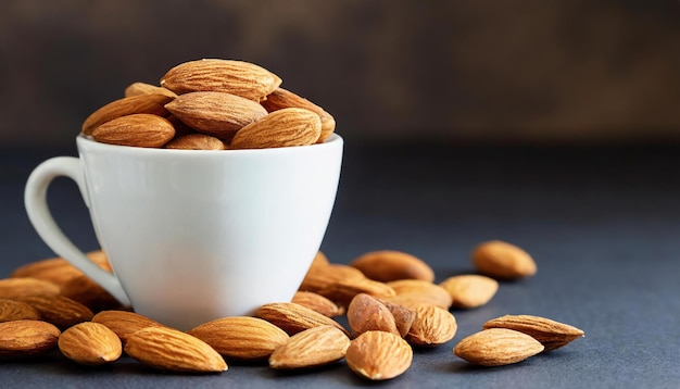 Almonds and on a white cup Dark background