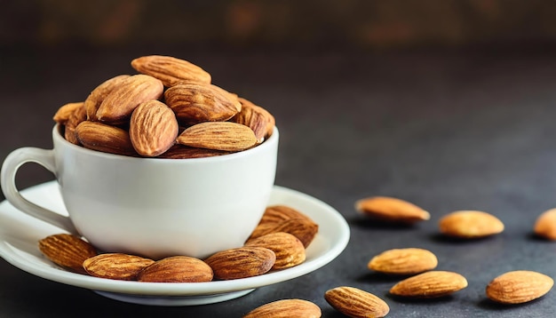 Almonds and on a white cup Dark background