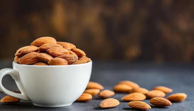 Almonds and on a white cup Dark background