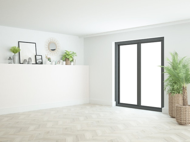 Almost empty white room with terrace window wooden floor and many plants