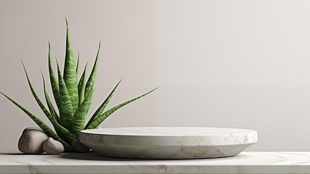 Aloe green leaves marble texture ai generated stage podium mockup