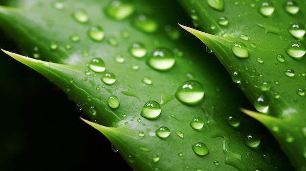 Aloe vera cover with drops of water Macro close up Succulent leaves and water