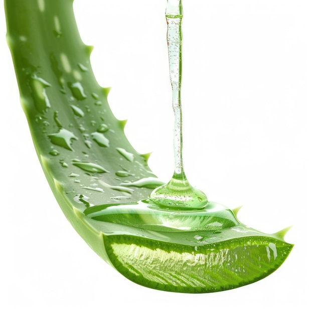 Aloe Vera Gel Dripping from Leaf Slice Natural Plant Juice and Liquid Gel Droplets on White