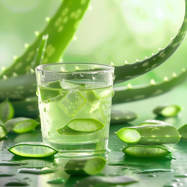 Aloe Vera Juice and Leaves in a Glass To convey the freshness and health benefits of aloe vera juice and leaves in a visually appealing and