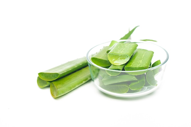 Aloe vera leaf on white background, healthy eating concept 