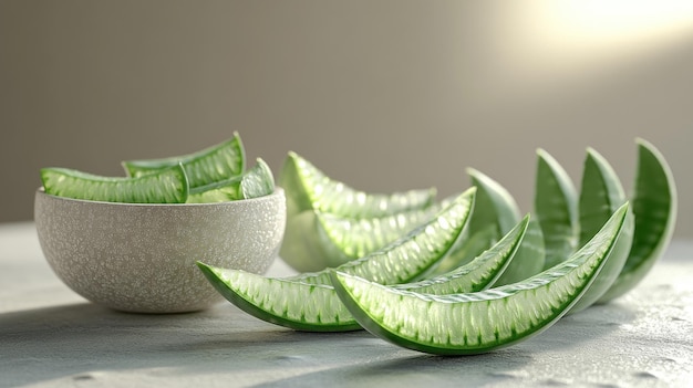 Photo aloe vera leaves in a bowl close up