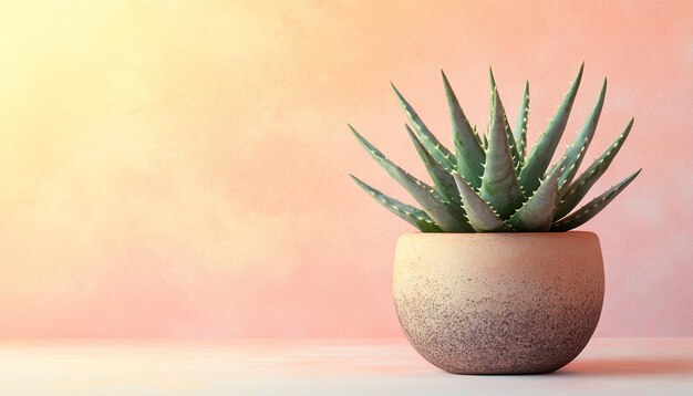 Photo aloe vera plant in a pot with pastel background with copy space