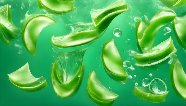 Aloe vera slices under water on green background Copy space banner