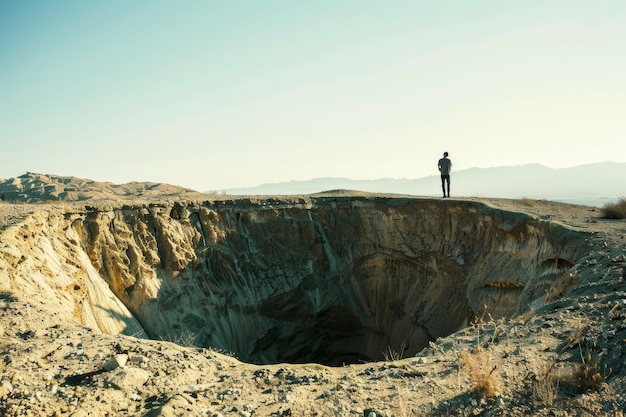 Photo alone on the edge a person stares into a massive void the vast desert extending into the distance under an expansive sky