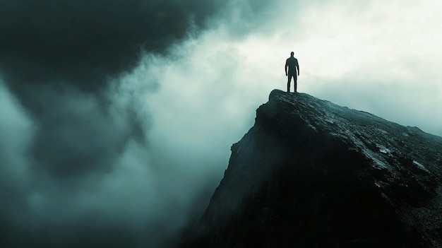 Alone Man Triumphs Atop Foggy Mountain Summit