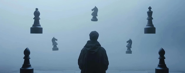 Photo alone the protagonist sits chess pieces levitating above signifying the weight of social interaction filled with tension